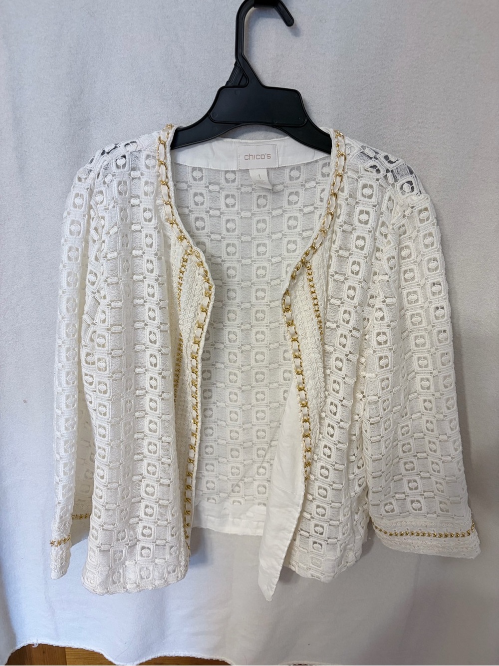 Chico's White Lace Open-Front Jacket with Gold Trim Accents